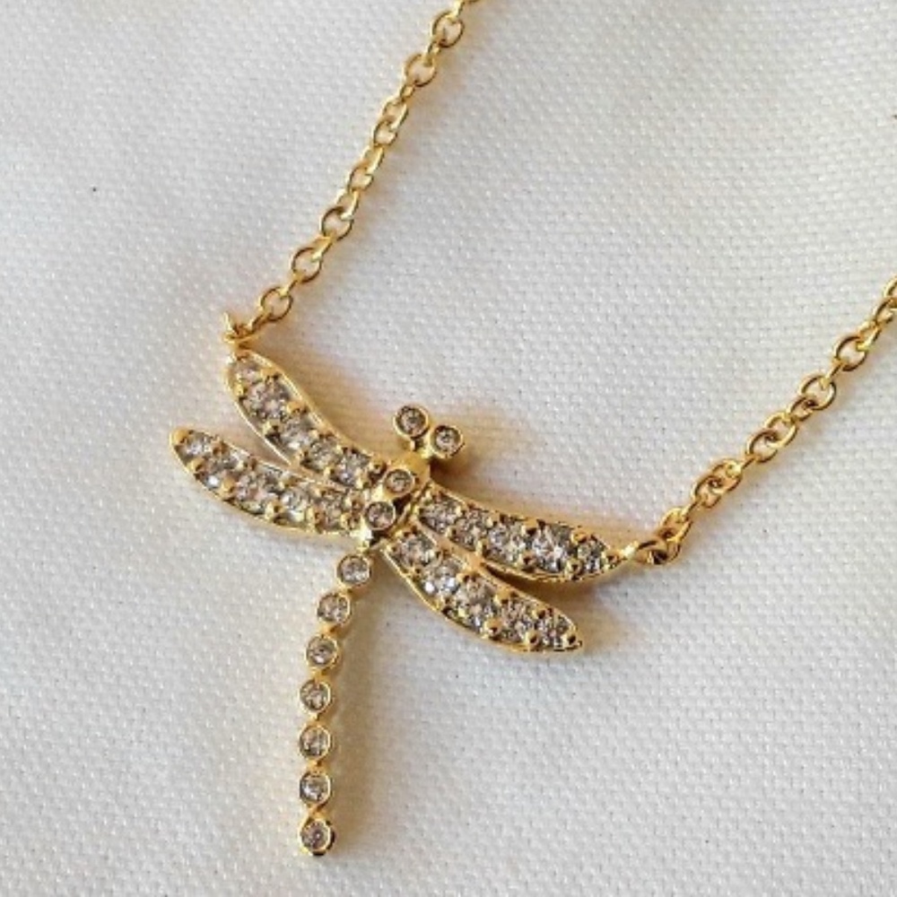 Gold Dipped Necklace with CZ Studded Dragonfly NWT